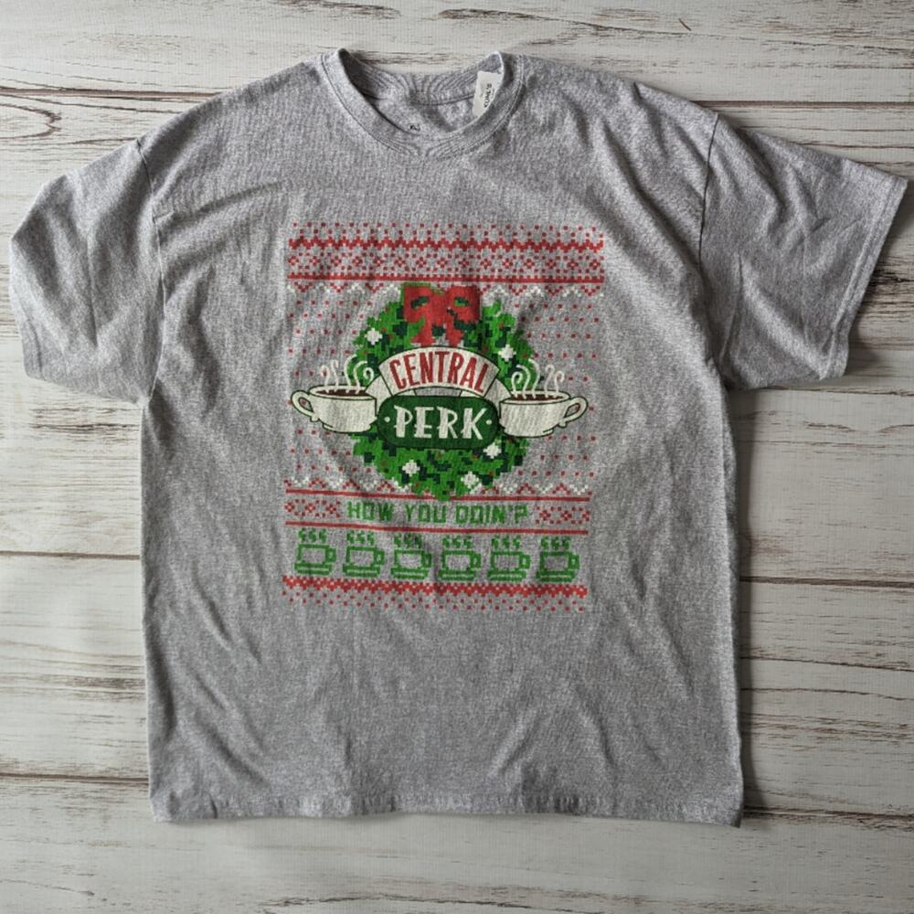 Friends Central Perk Gray Ugly Christmas Tee Shirt sz XL New